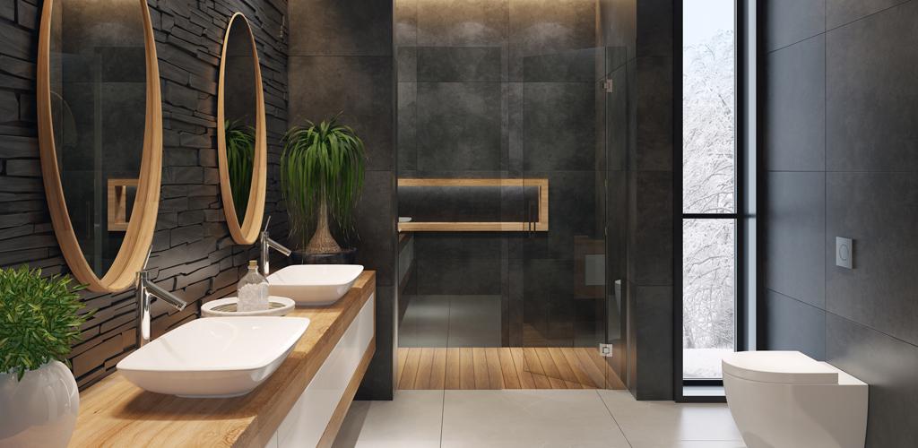 A black and timber bathroom