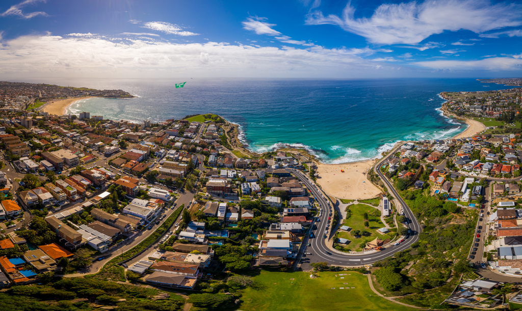 An aerial shot of the Eastern Suburbs, with Bondi beach, Bronte and Coogee all visable